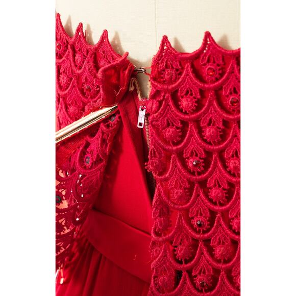 Vintage 1960s Cocktail Dress 60s Beaded Rhinestone Lace Red Sheath Wiggle Party - Picture 8 of 10